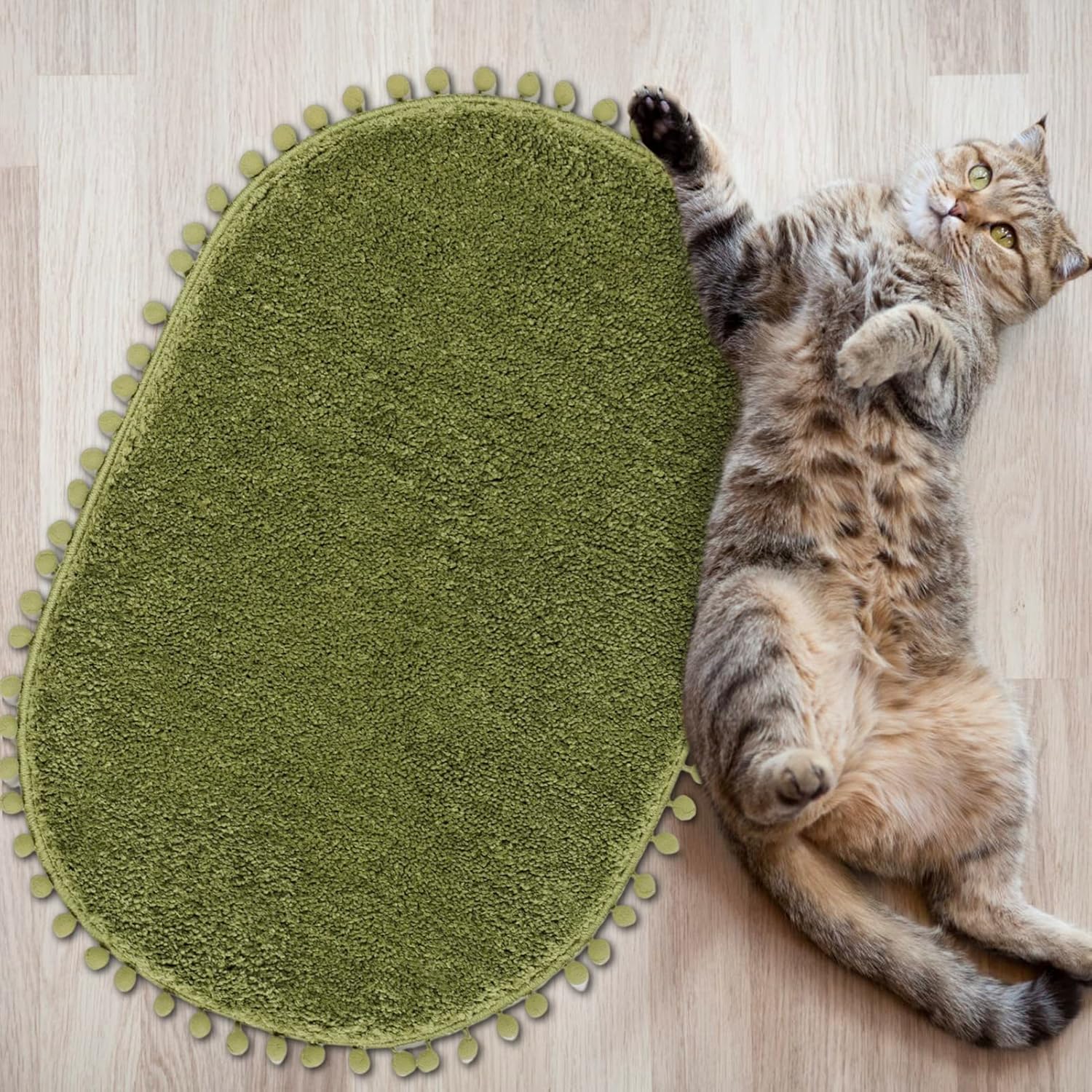 YIRDDEO Olive Green Pom Bath Rug for Bathroom