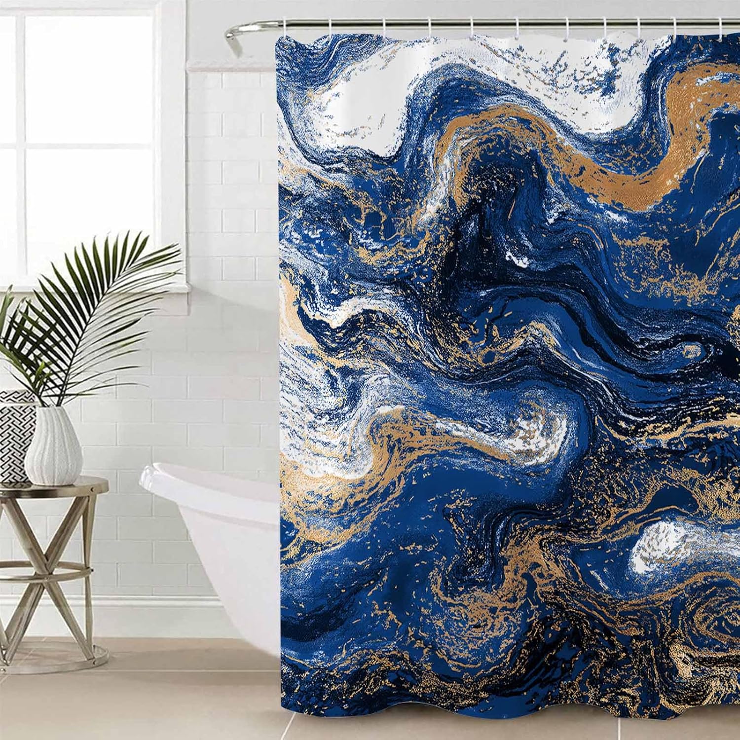 Blue Marble Bathroom Set with Curtain and Rug Accessories