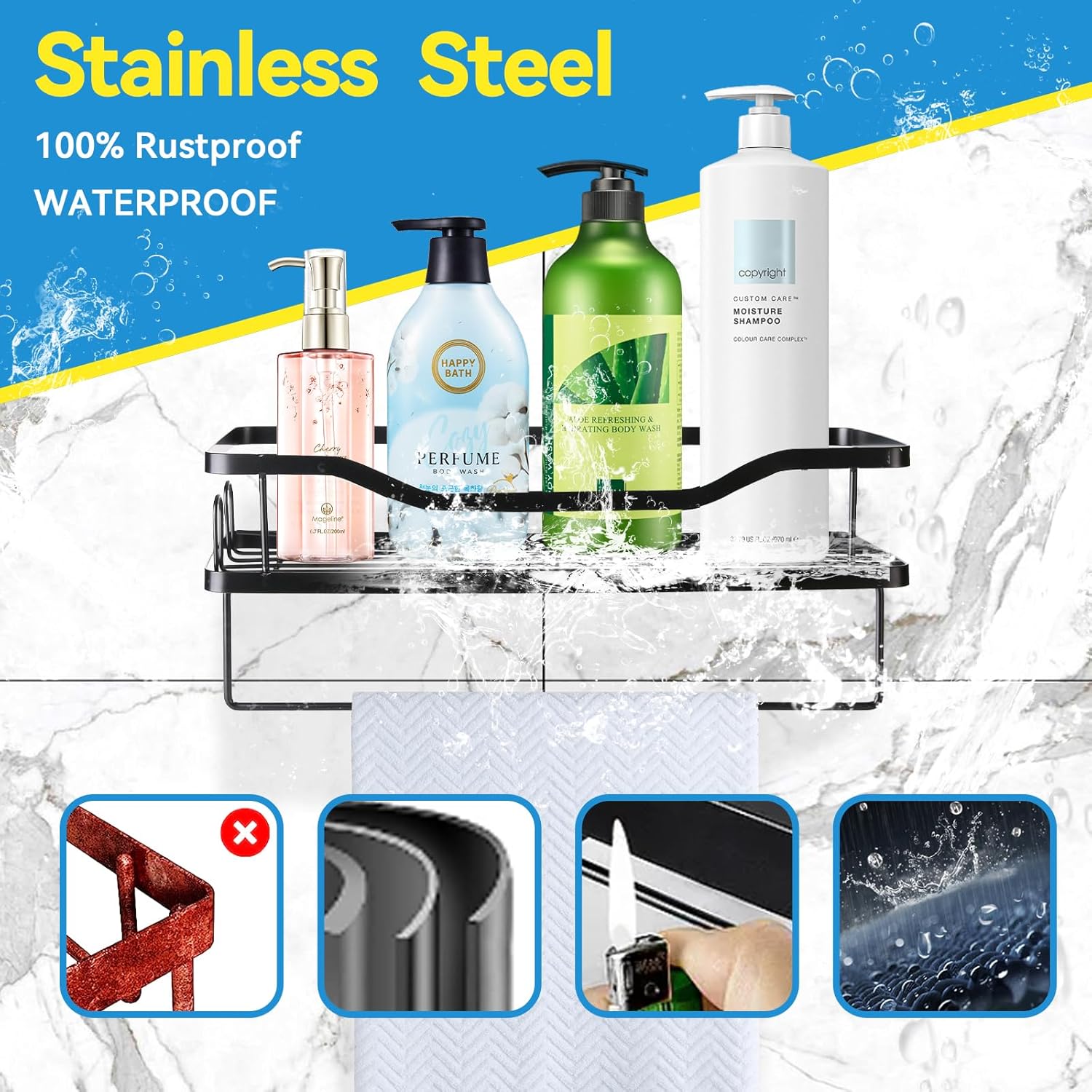 Shower Caddy Organizer Rack 4 Pack Adhesive Black