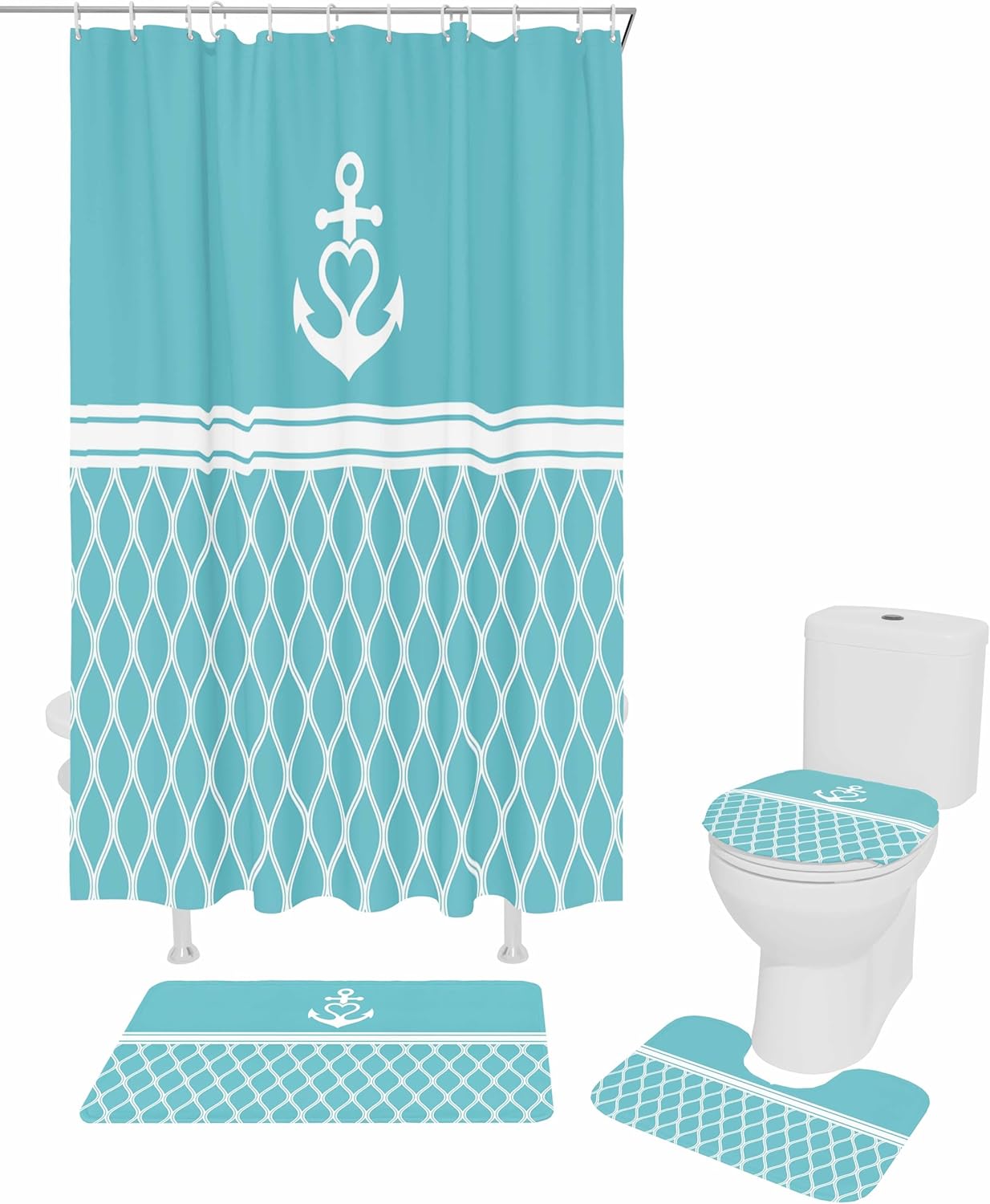 ZOE GARDEN Blue Morocco Bathroom Set with Curtain Rug and Accessories
