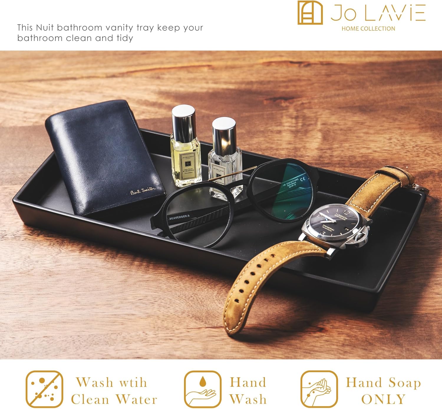 Black Resin Vanity Tray 12x5 Inch Minimalist Bathroom Organizer