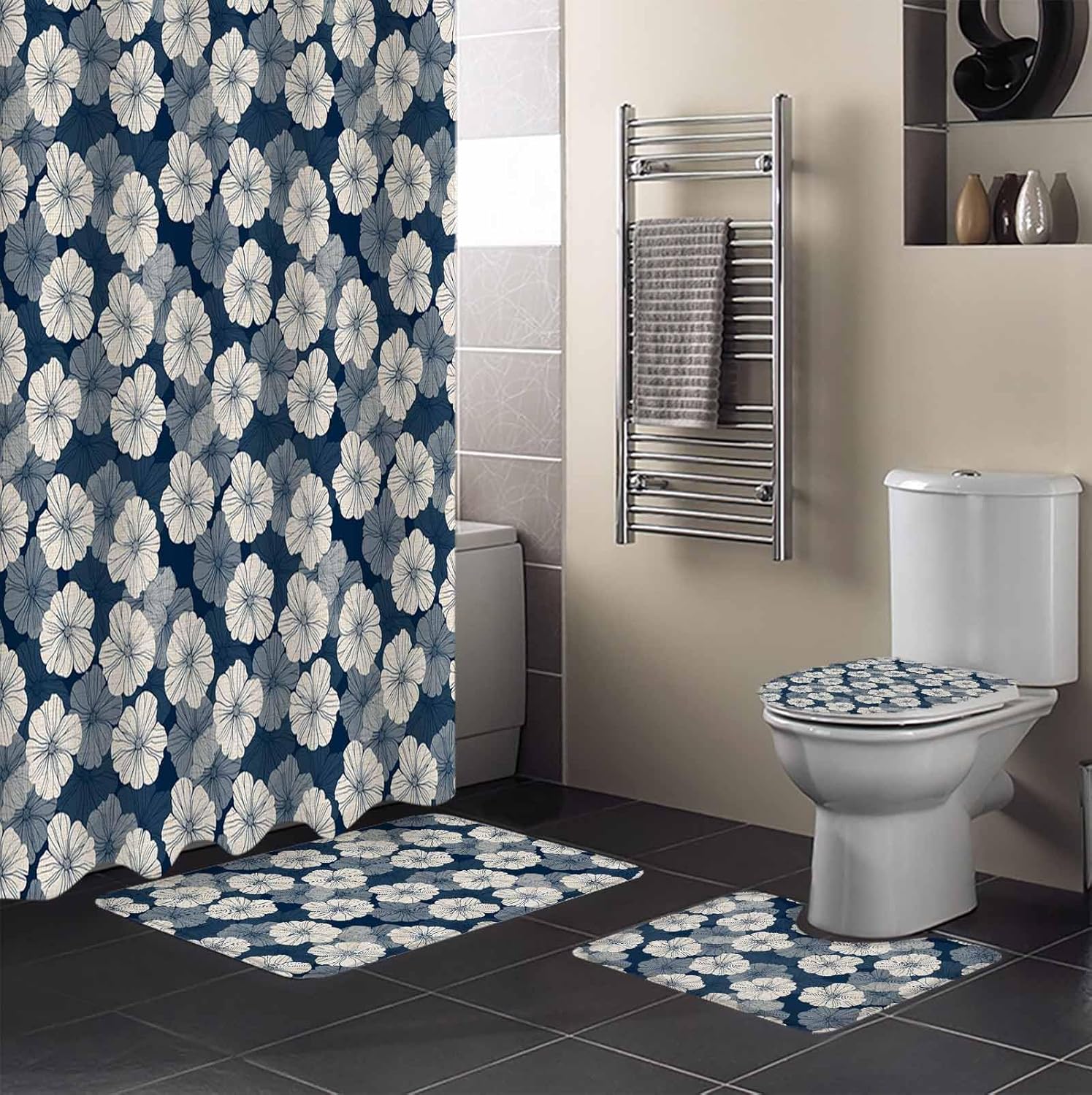 ZOE GARDEN Blue Beige Bathroom Set with Curtain Rug and Accessories