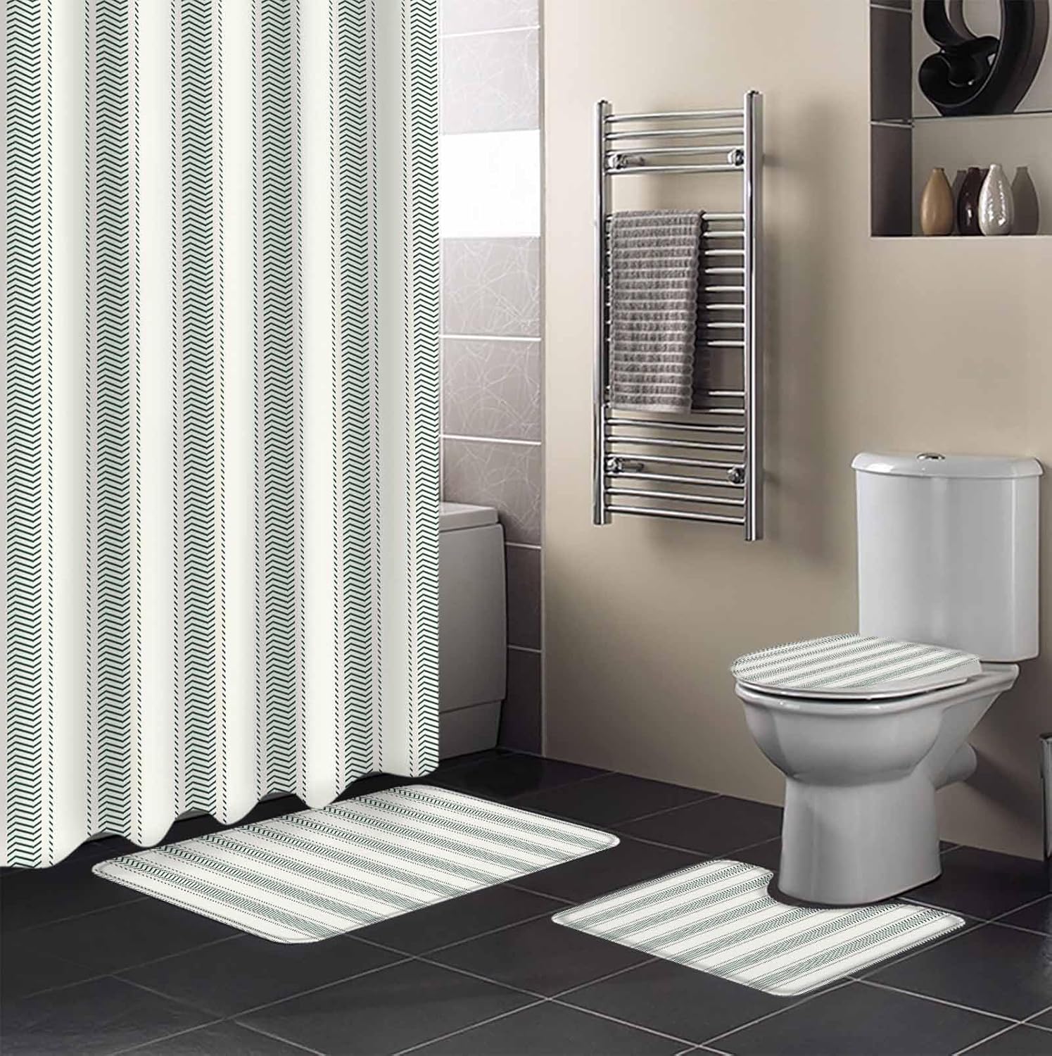 ZOE GARDEN Green Stripe Bathroom Set with Shower Curtain Rug and Accessories