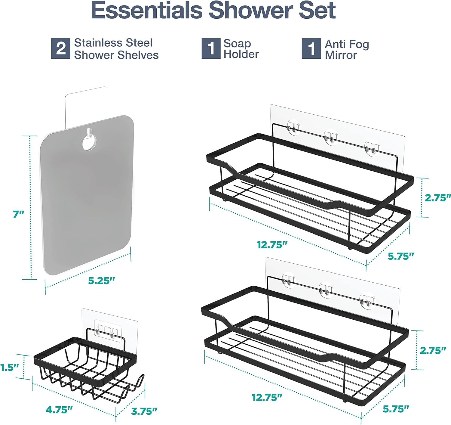 Homeify 4 Pc Shower Caddy Set with Fogless Mirror and Soap Holder