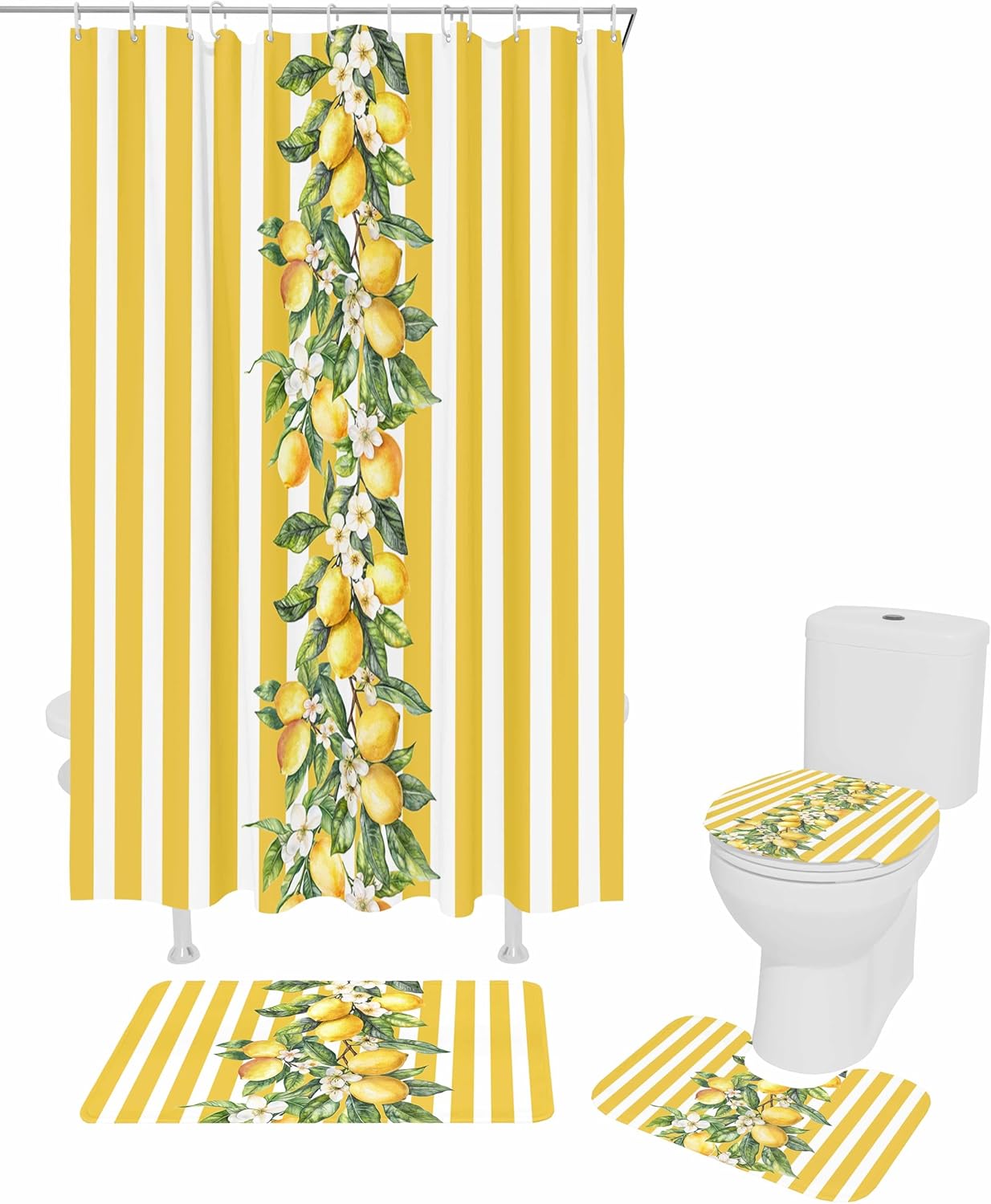 Yellow Lemon Bathroom Set with Shower Curtain Rug and Accessories 1