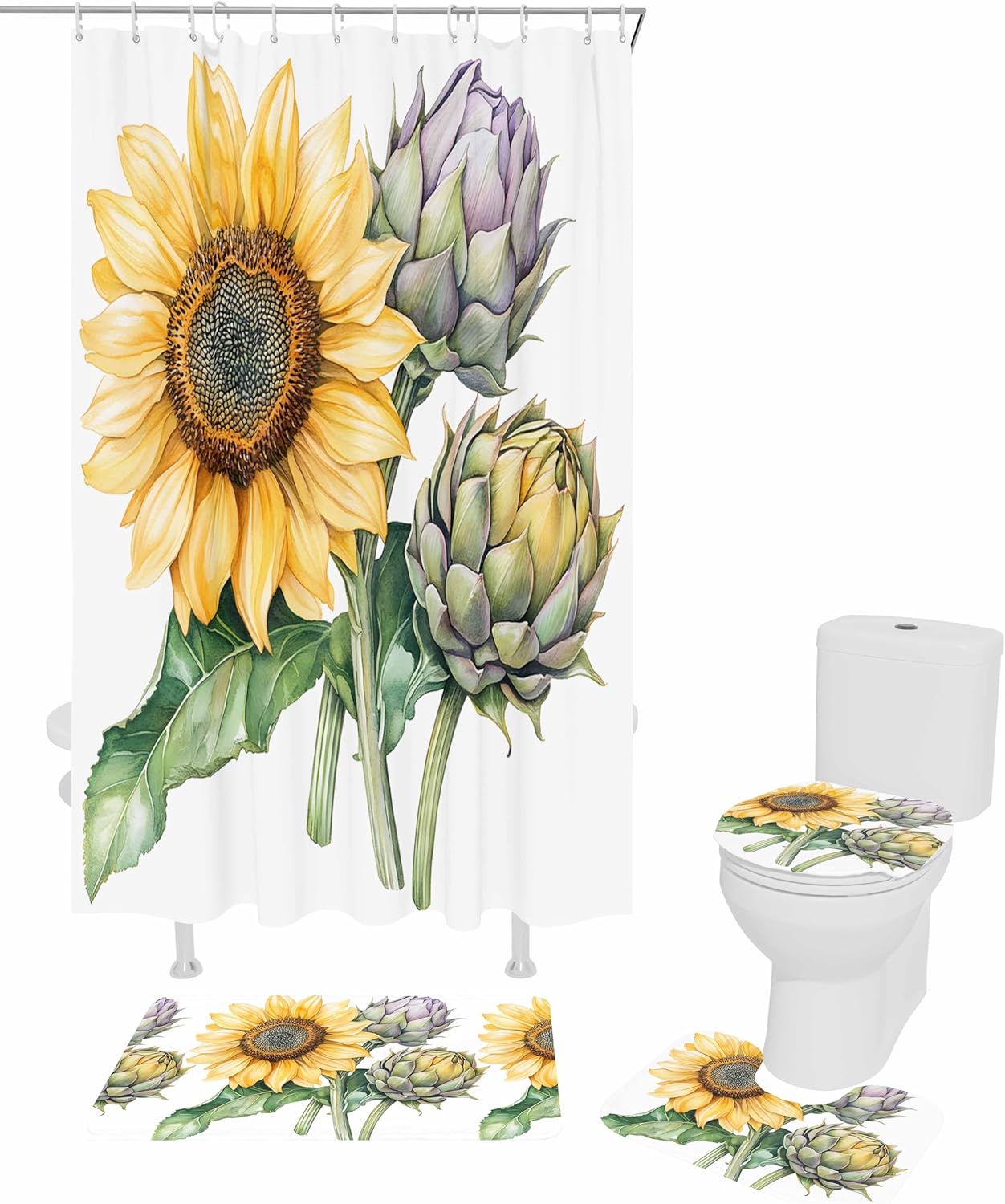 ZOE GARDEN Sunflower Bathroom Set with Curtain and Rug