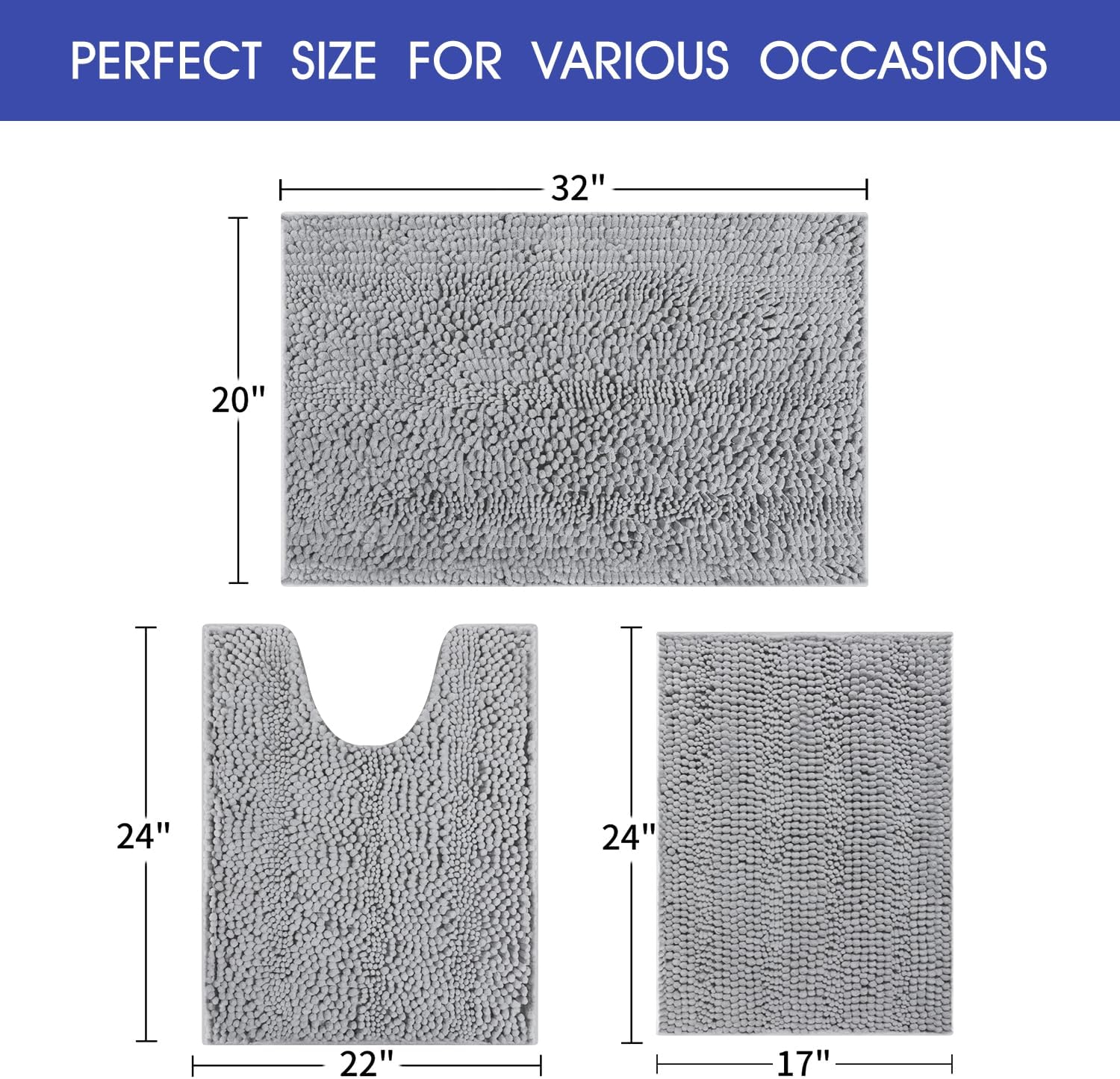 ACCUMTEK 3-Piece Striped Light Grey Bathroom Rug Set