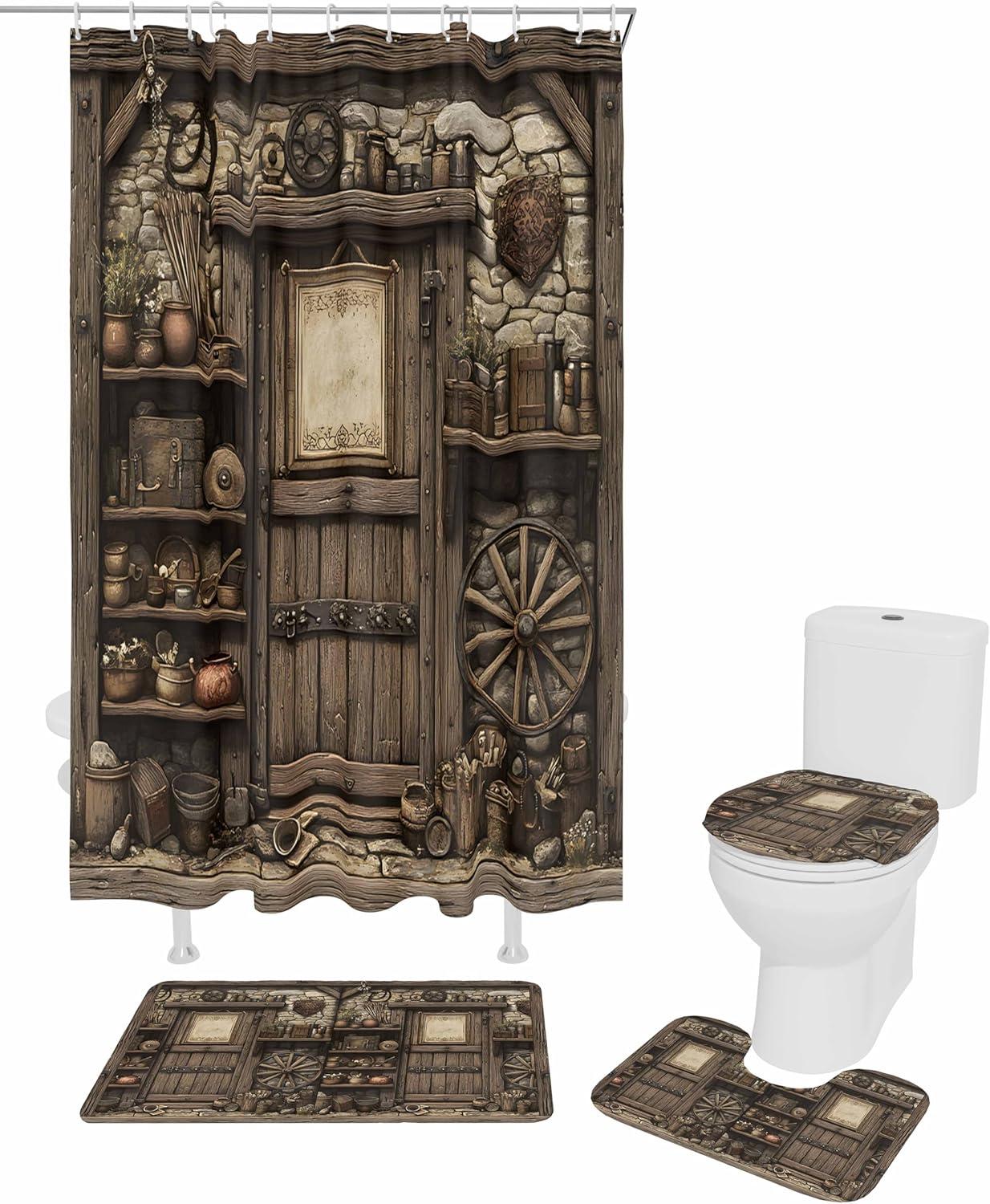 Farmhouse Wooden Bathroom Set with Shower Curtain and Rug Accessories