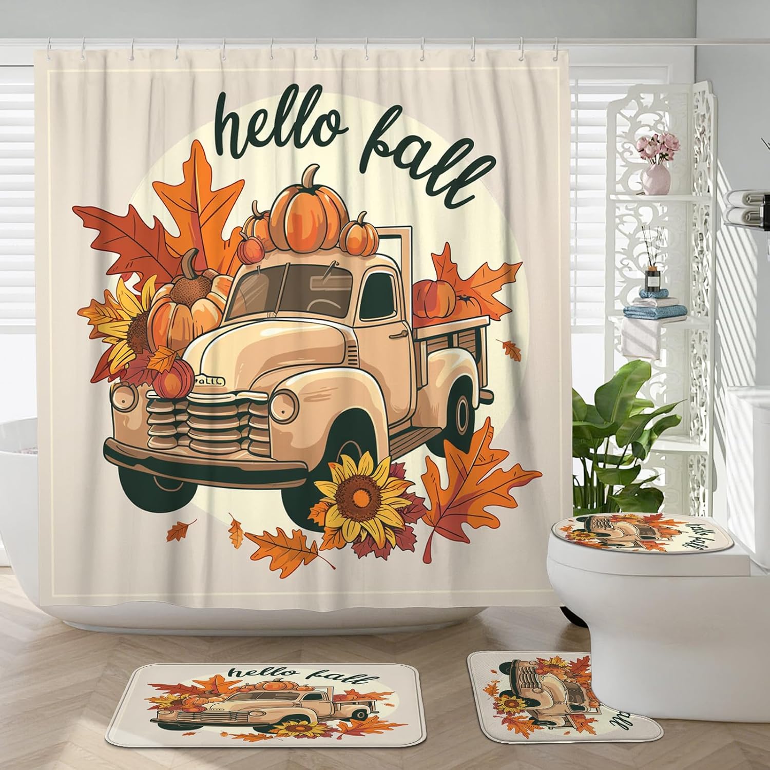 4PCS Fall Kawaii Truck Bathroom Sets with Non-Slip Rug