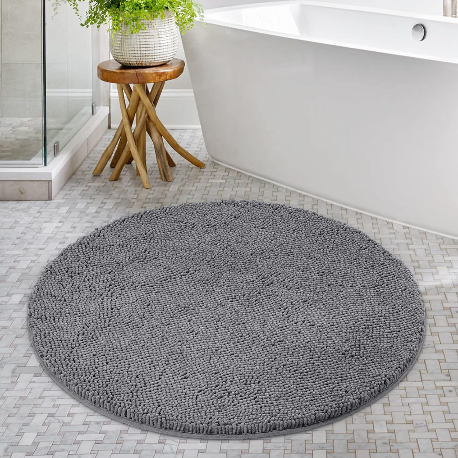 HOMEIDEAS Round Bath Rug - Non Slip Chenille Shaggy Mat Grey 3 Ft