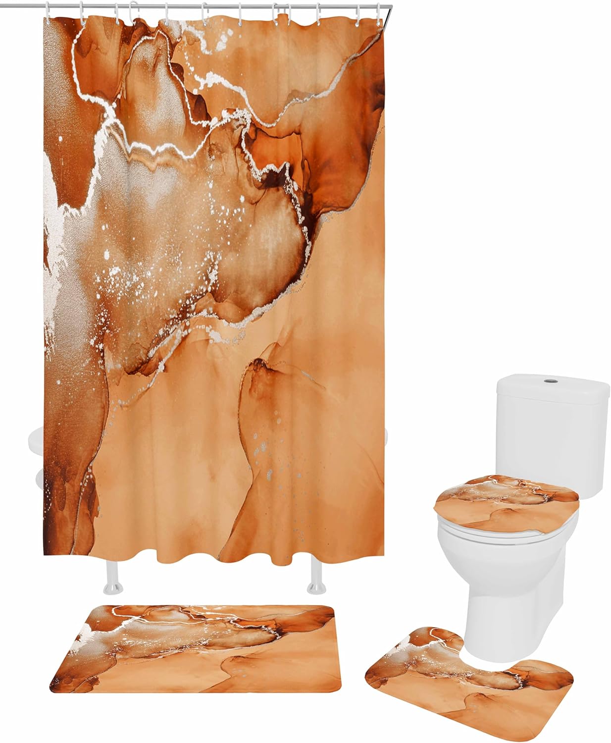 ZOE GARDEN Orange Marble Bathroom Set with Curtain Rug and Accessories