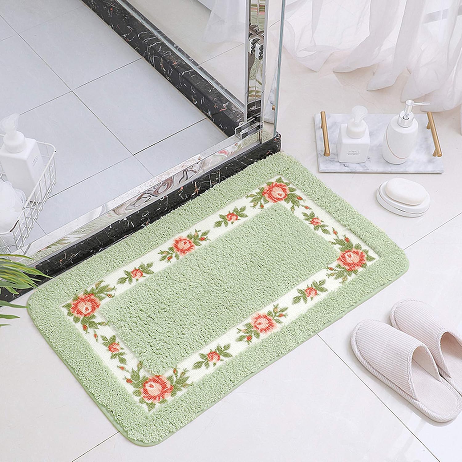 UKELER Non-Skid Floral Rose Bath Rugs Set of 2 Green