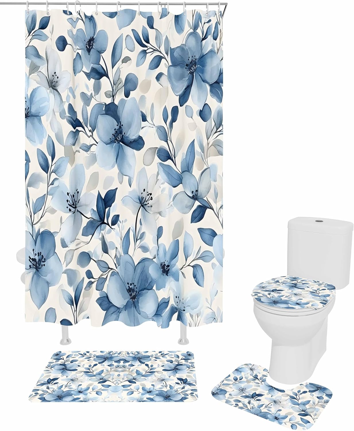 ZOE GARDEN Blue Flower Bath Set with Rug and Curtain