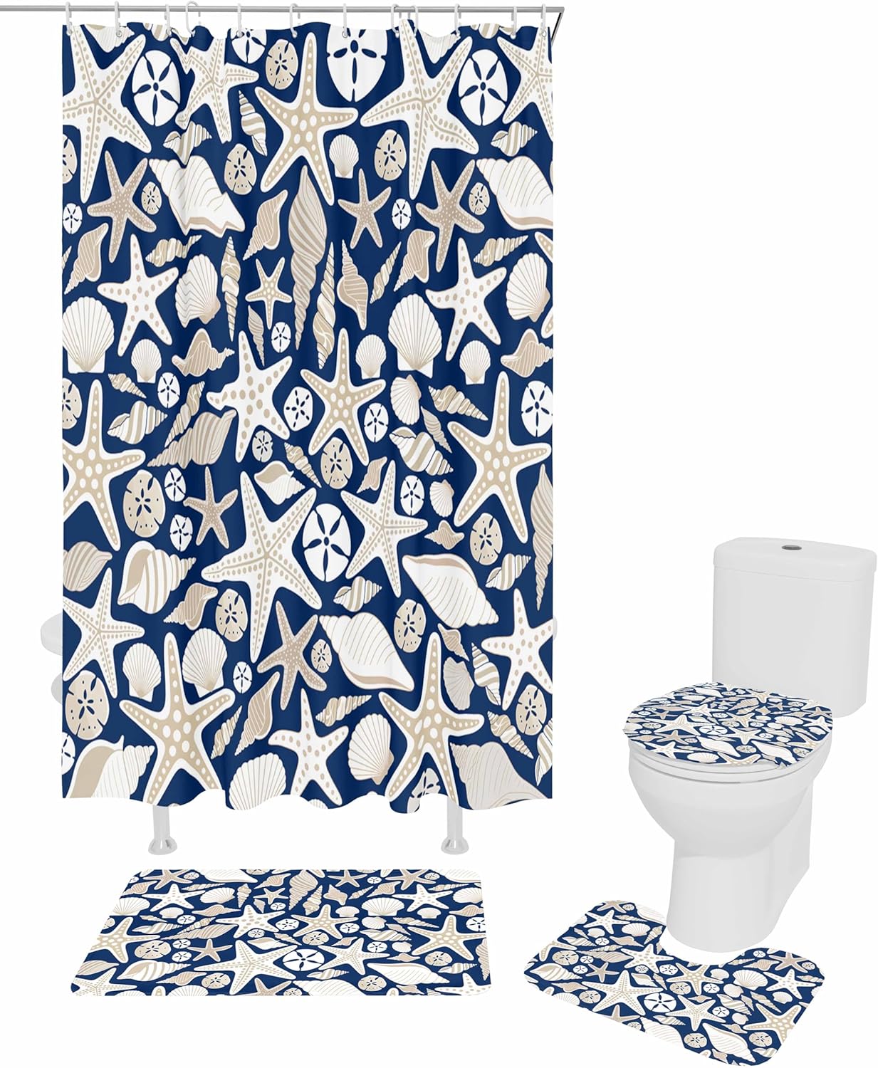 Navy Blue Ocean Bathroom Set with Rug and Accessories