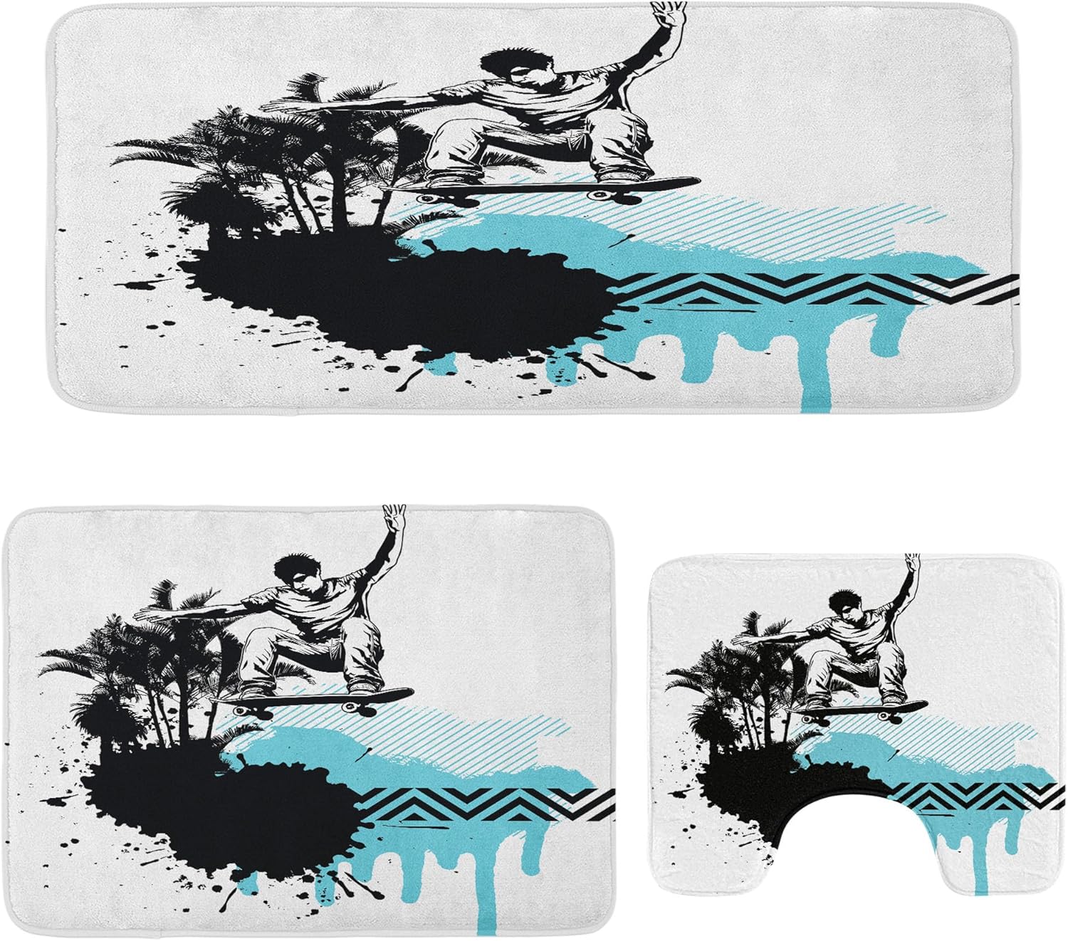 Ambesonne Grunge Bath Rug Set 3 Pieces Black Pale Blue