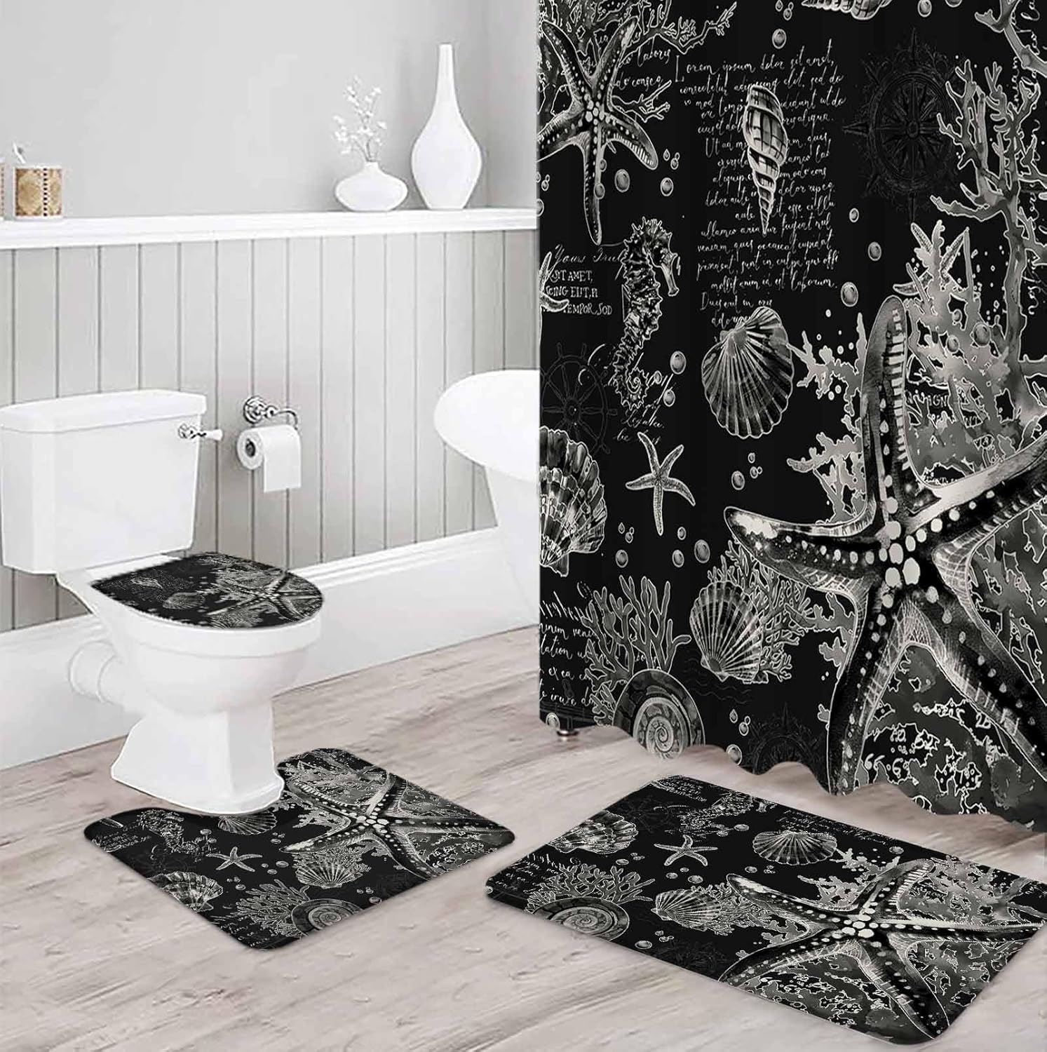 Coastal Black Bathroom Set with Shower Curtain and Rug - 36x72 Inches Nautical Design