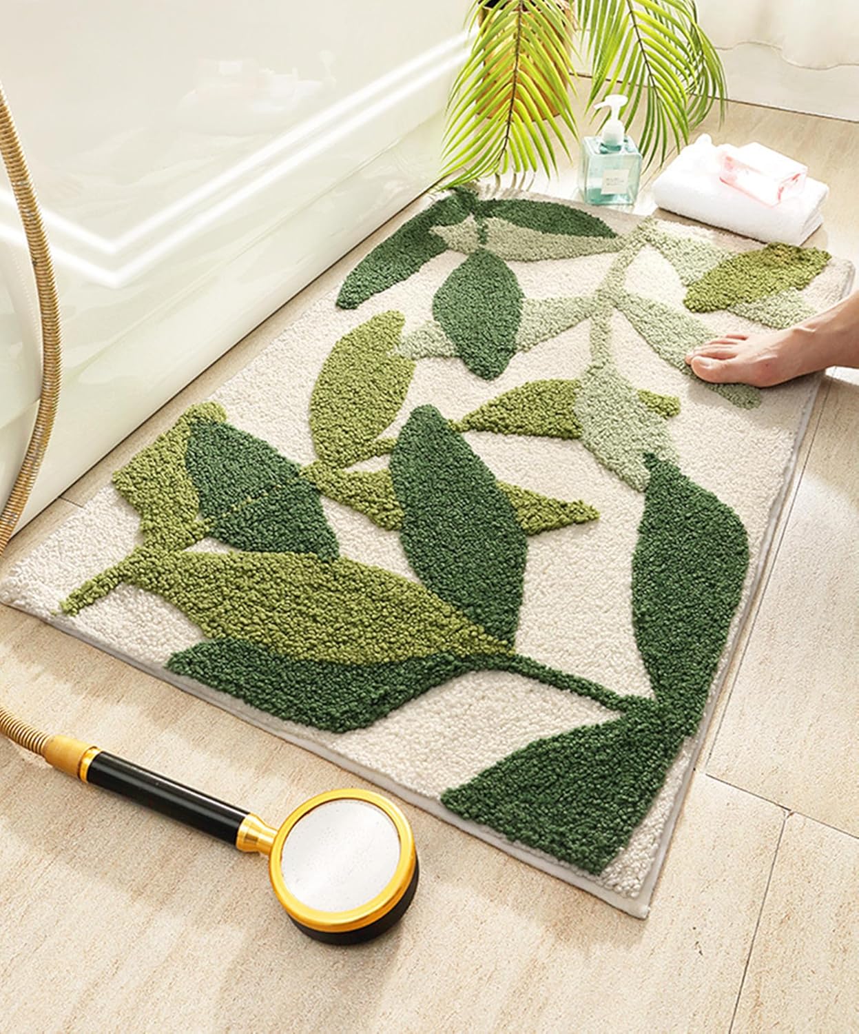 Green Leaves Bath Mat Non-Slip Microfiber
