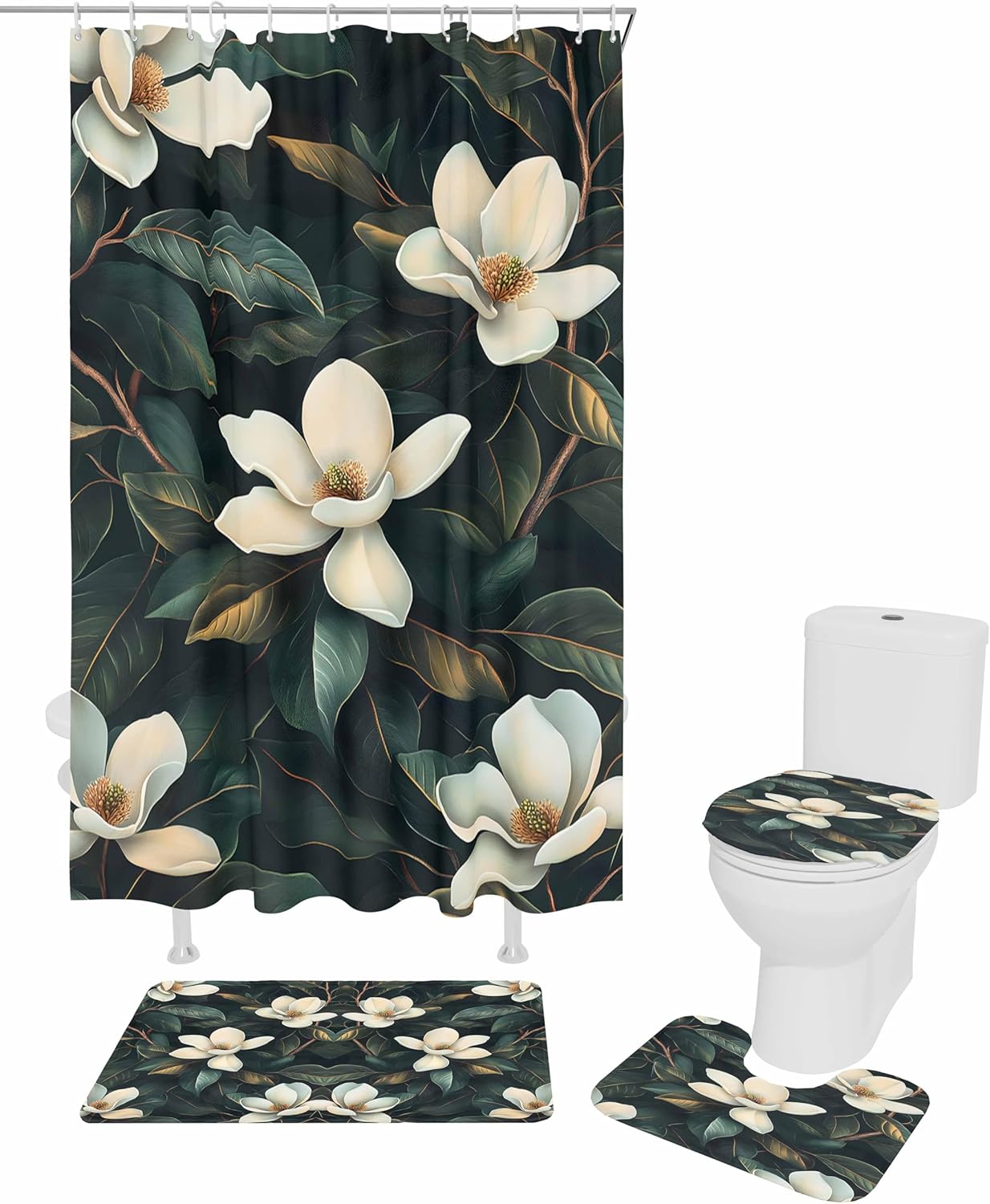 Floral Bathroom Set with 36x72 Inch Curtain and Rug