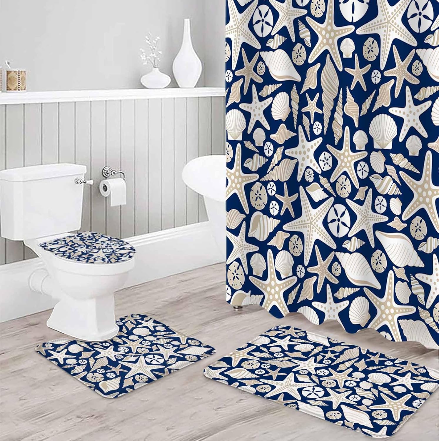 Navy Blue Ocean Bathroom Set with Rug and Accessories