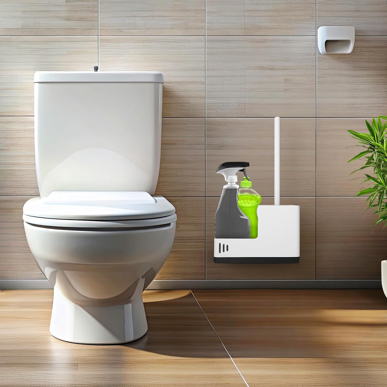 White Toilet Brush and Holder Set - Wall Mounted with Tray and Compartment