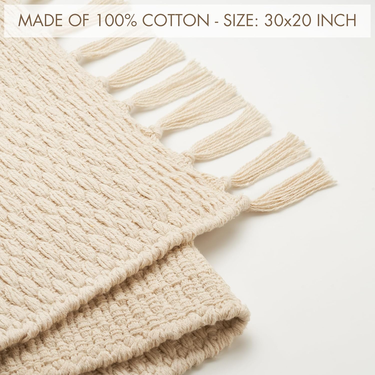 KIBAGA Boho Bathroom Rug - Soft 20x30 Inch Beige Cotton Mat with Tassels