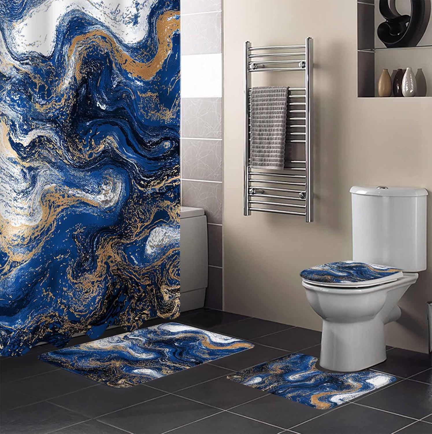 Blue Marble Bathroom Set with Curtain and Rug Accessories