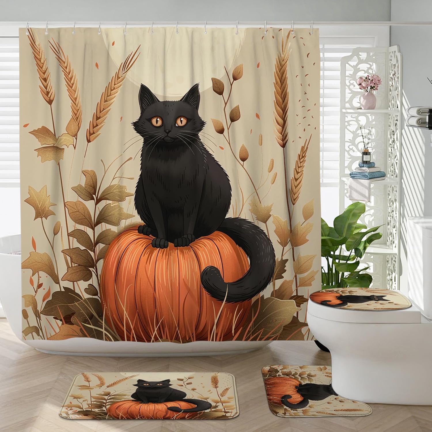 4PCS Fall Cartoon Cat Bath Accessory Set with Non-Slip Rug