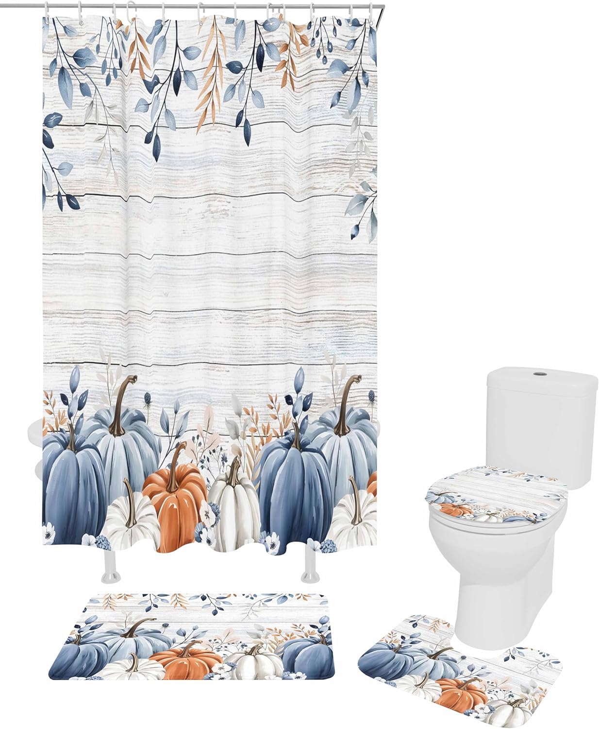 Thanksgiving Pumpkin Bathroom Set with Curtain Rug and Hooks