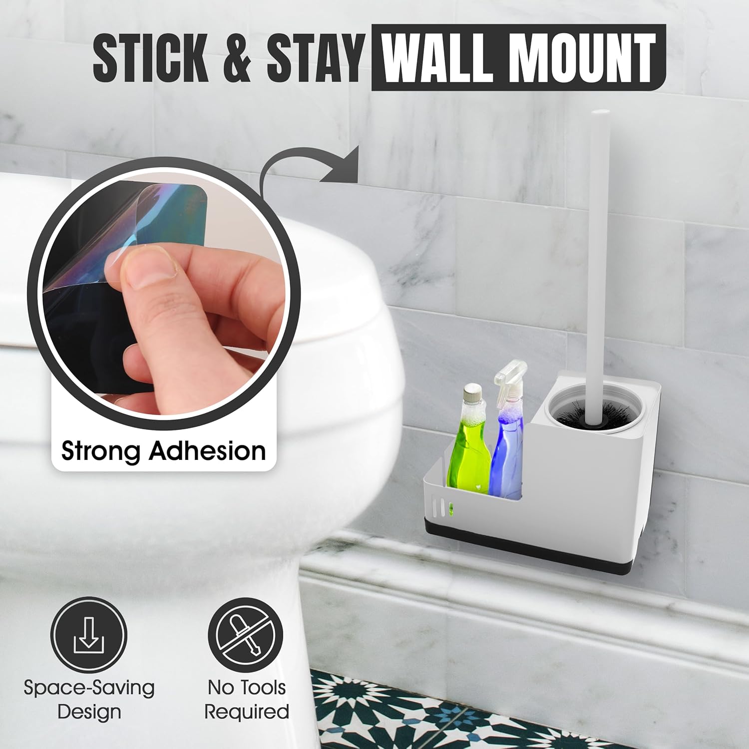 White Toilet Brush and Holder Set - Wall Mounted with Tray and Compartment