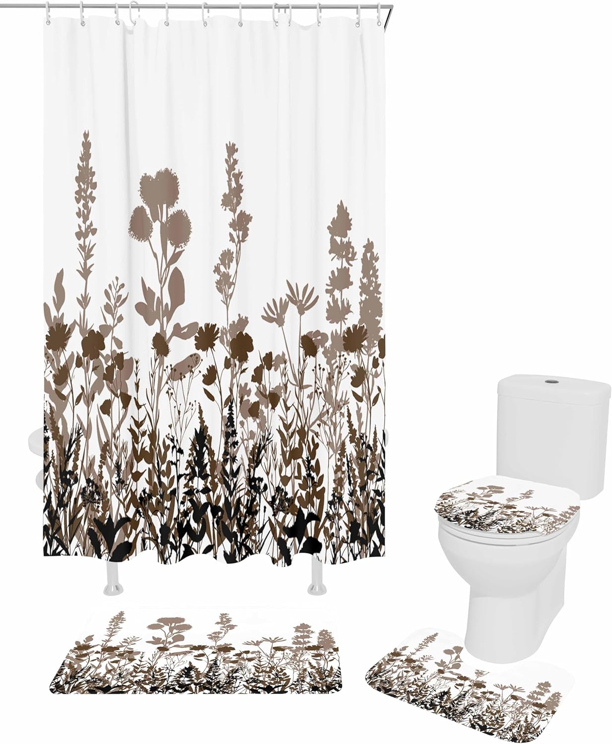 Brown Botanical Bathroom Set with Rug and Hooks