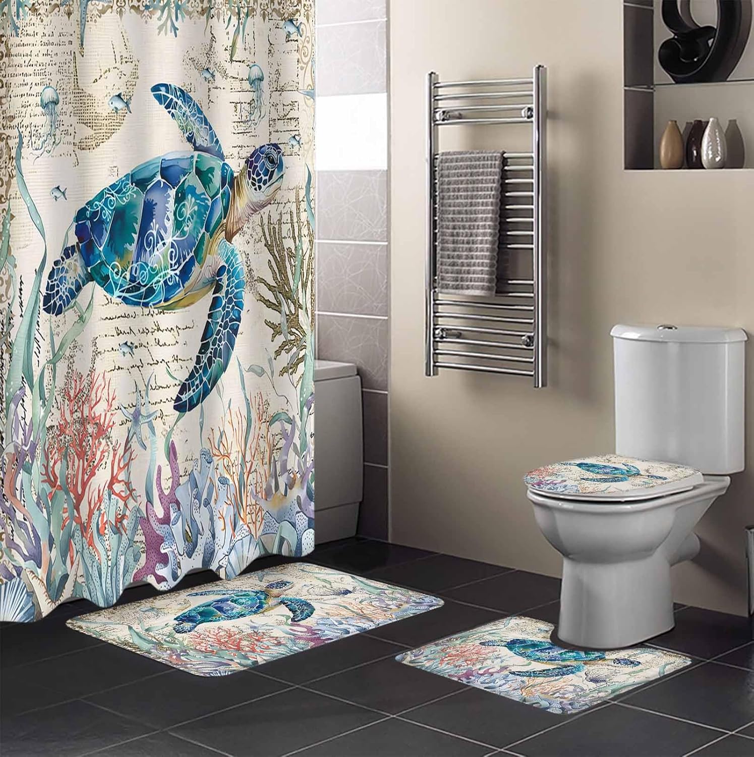 ZOE GARDEN Coastal Turtle Bathroom Set with Rug and Curtain