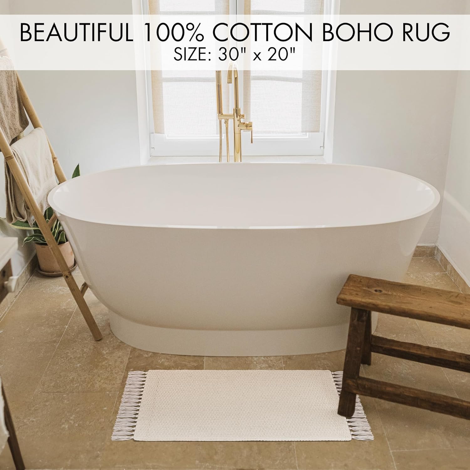 KIBAGA Boho Bathroom Rug - Soft 20x30 Inch Beige Cotton Mat with Tassels