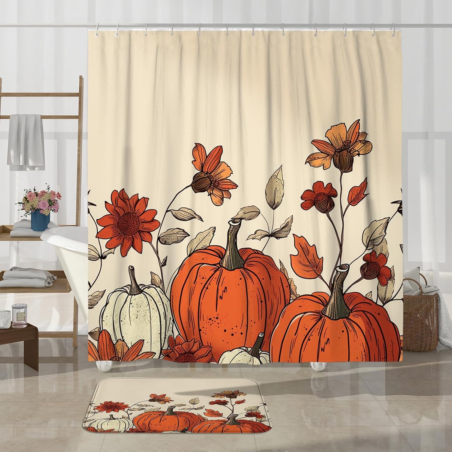 4PCS Fall Cream Pumpkin Bath Set with Non-Slip Rug and U Shape