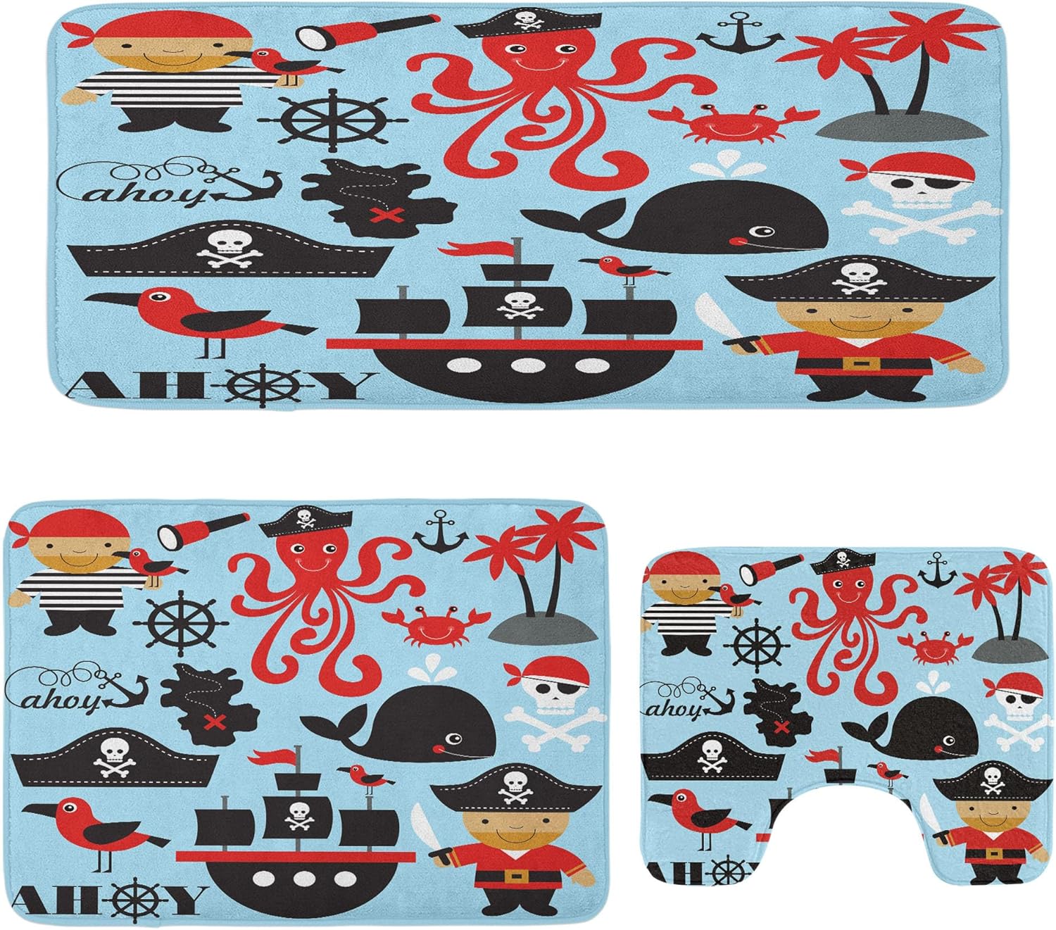 Ambesonne Pirate Bathroom Rug Set 3 Pieces Blue Dark Pink 1