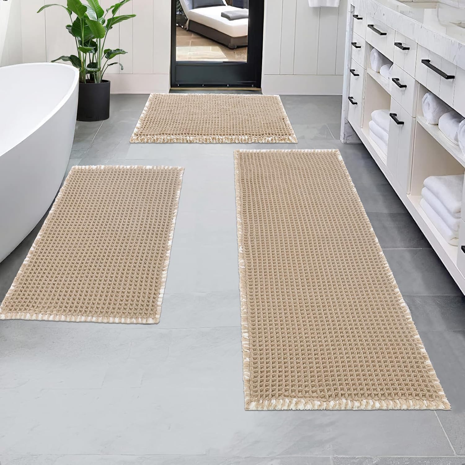 Pauwer 3 Piece Waffle Bath Rug Set Khaki