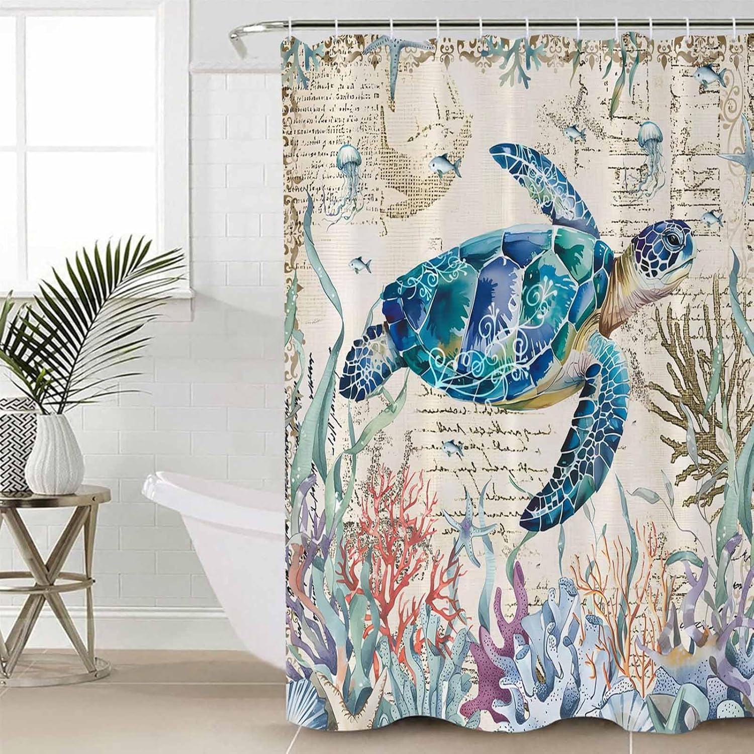 ZOE GARDEN Coastal Turtle Bathroom Set with Rug and Curtain