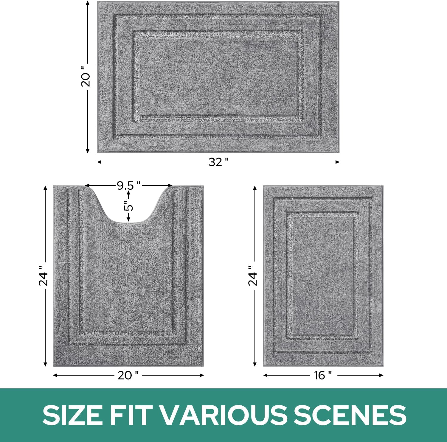 HOMEIDEAS 3-Piece Bath Rug Set Non-Slip Microfiber
