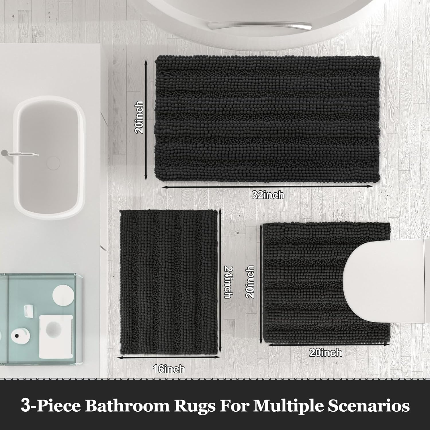 Ultra Soft Bath Rug Set 3 Piece Dark Grey