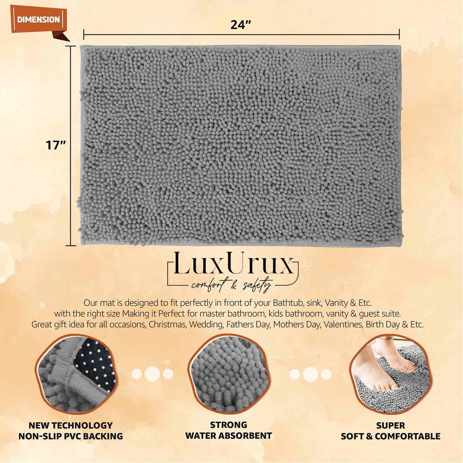 LuxUrux Bath Mat - Extra Soft Plush Non-Slip Bathroom Rug