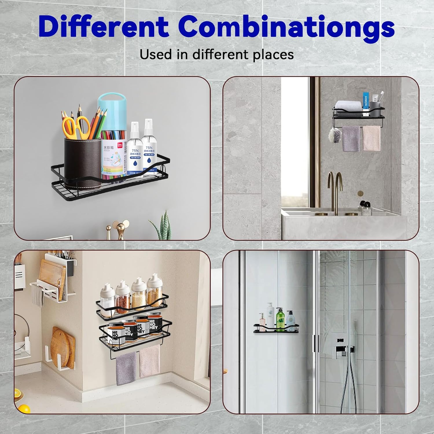 Shower Caddy Organizer Rack 4 Pack Adhesive Black