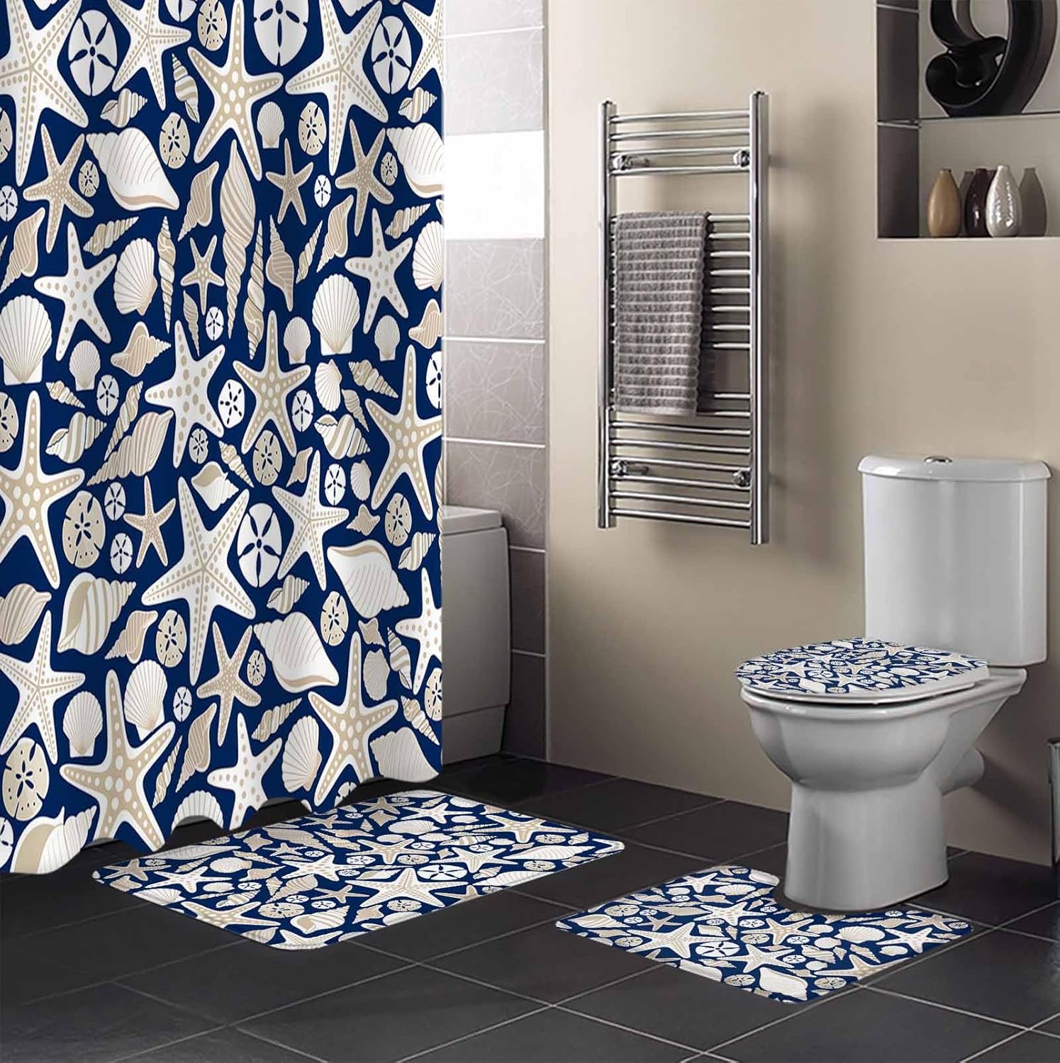 Navy Blue Ocean Bathroom Set with Rug and Accessories