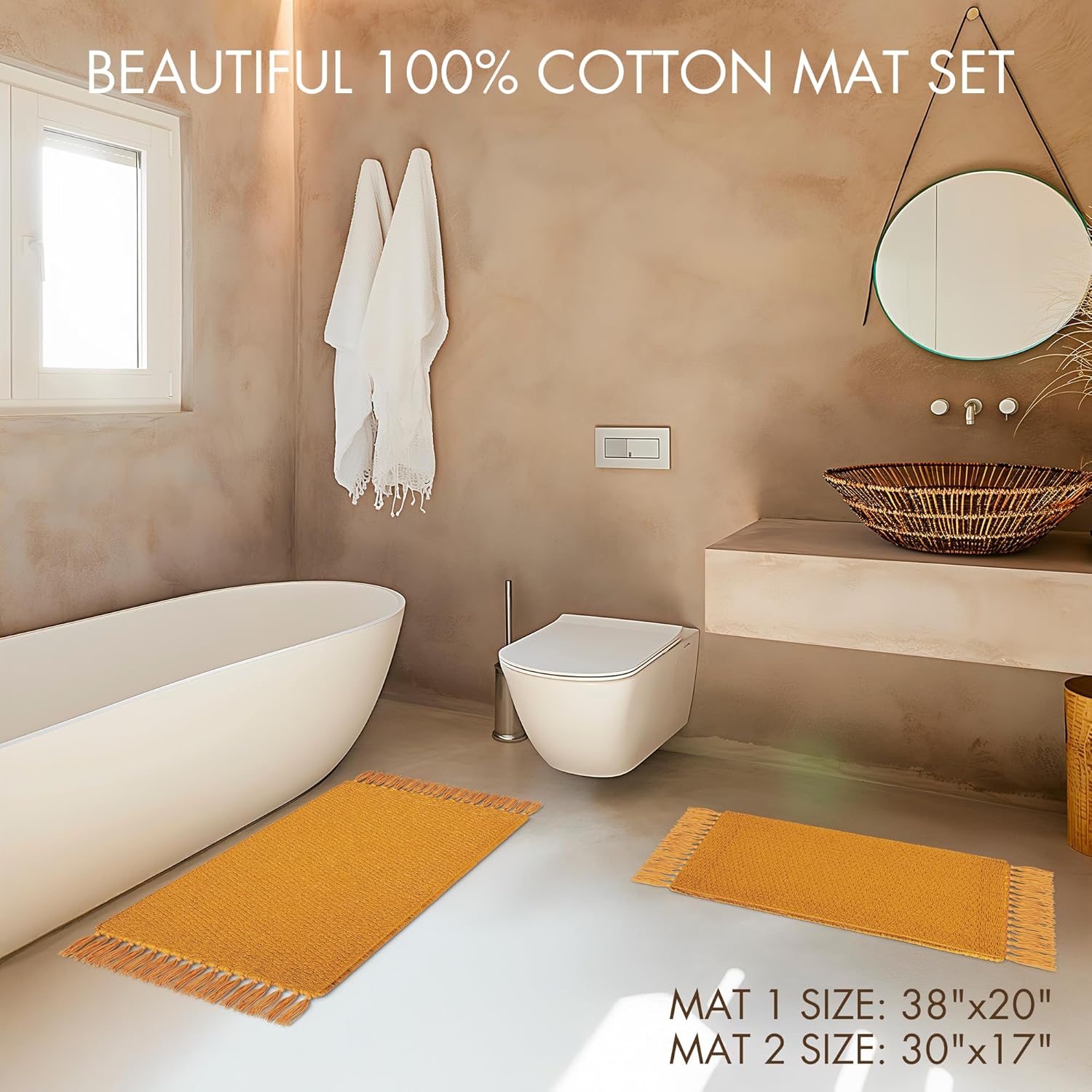 KIBAGA Set of 2 Boho Cotton Bathroom Rugs - Soft Non-Slip Stylish