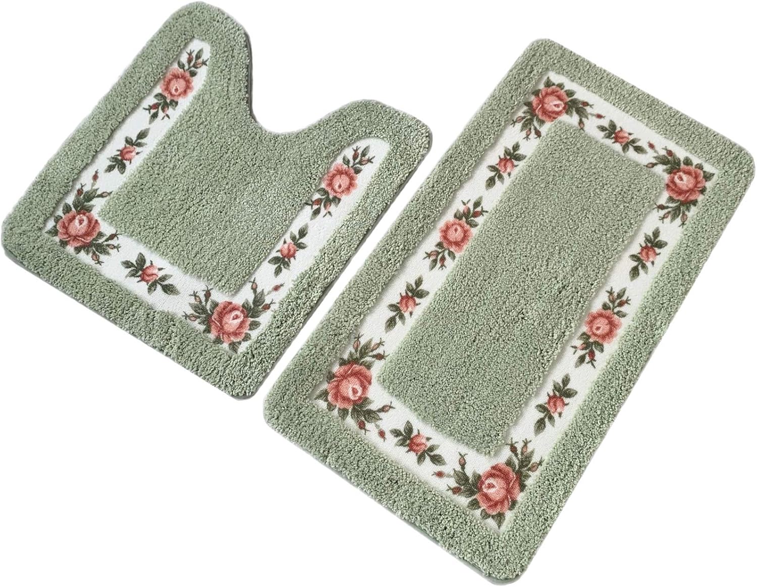 UKELER Non-Skid Floral Rose Bath Rugs Set of 2 Green