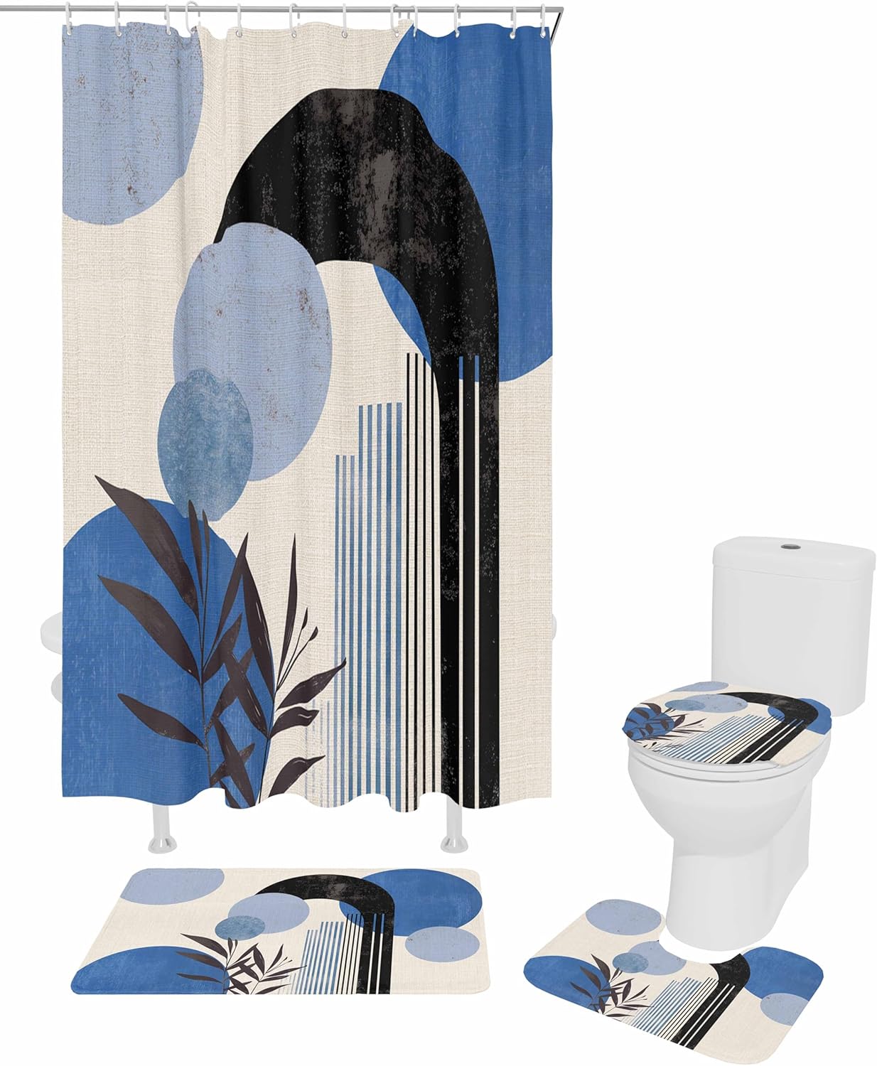 Boho Blue Bathroom Set with Curtain Rug and Hooks