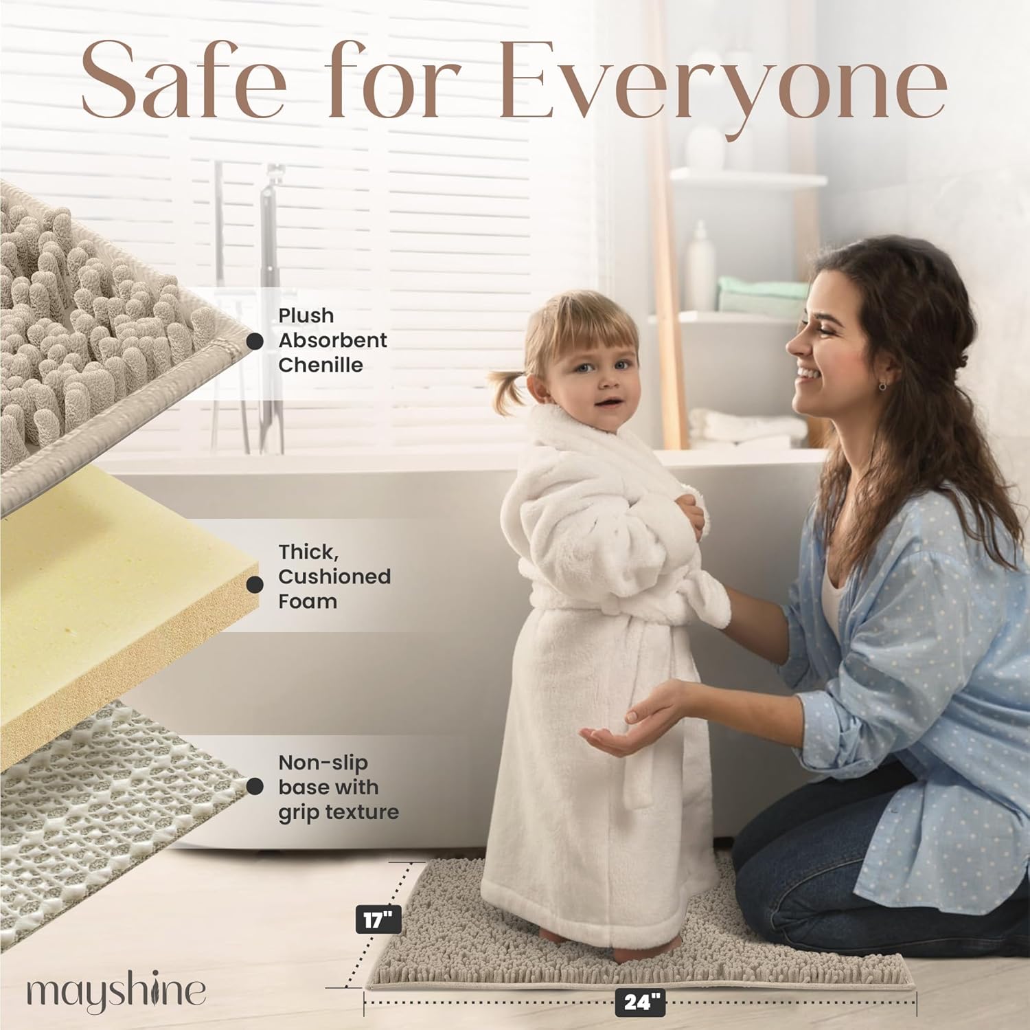 MAYSHINE Plush Chenille Bath Mat 24x17 Beige