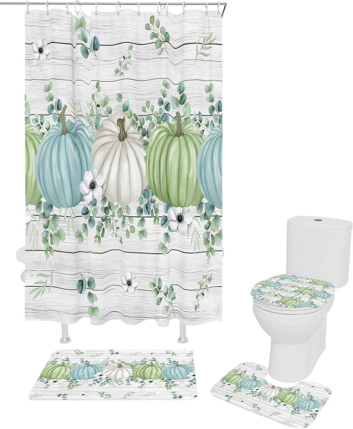 Thanksgiving Fall Bathroom Set with Shower Curtain Rug and Hooks