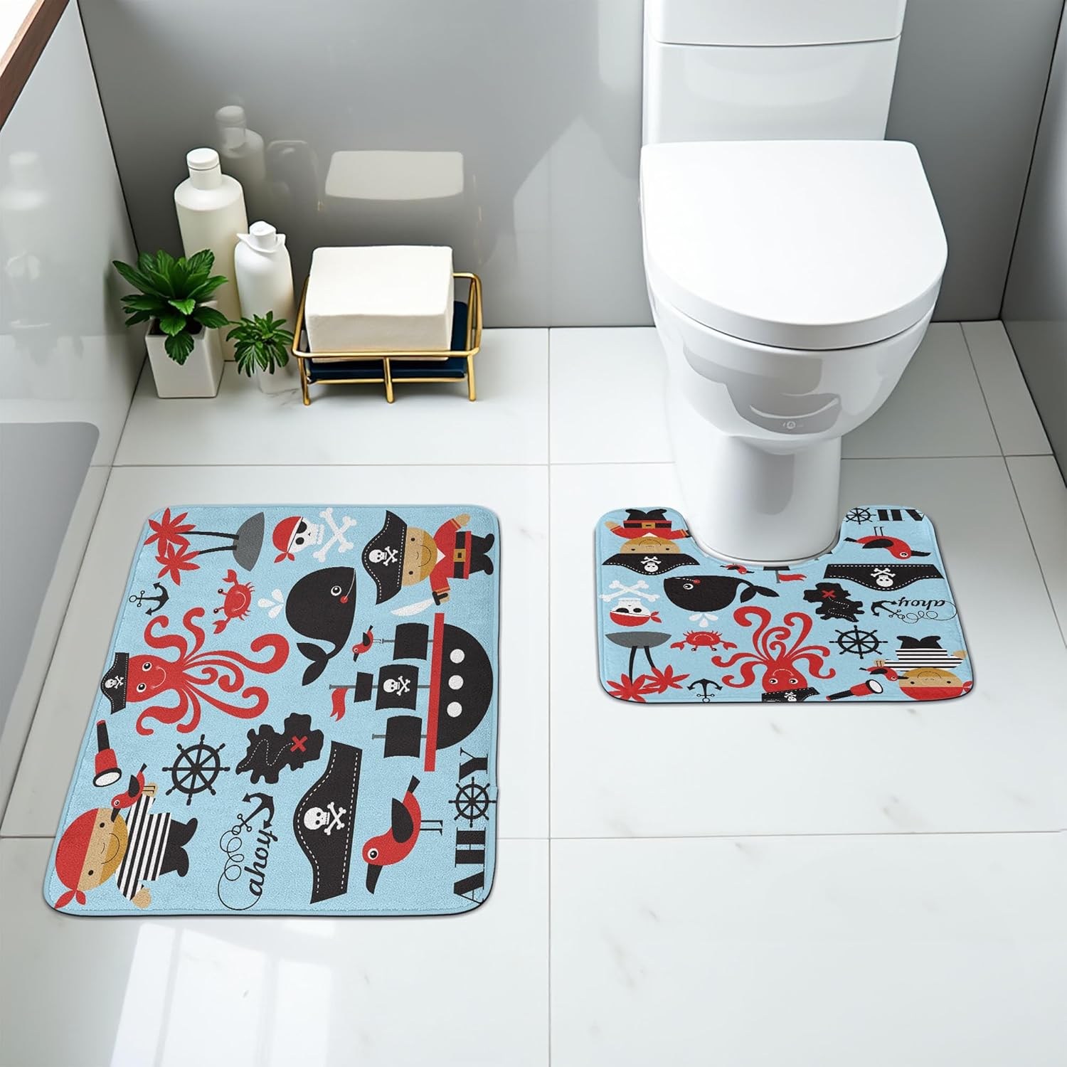 Ambesonne Pirate Bathroom Rug Set 2 Pieces Blue Dark Pink