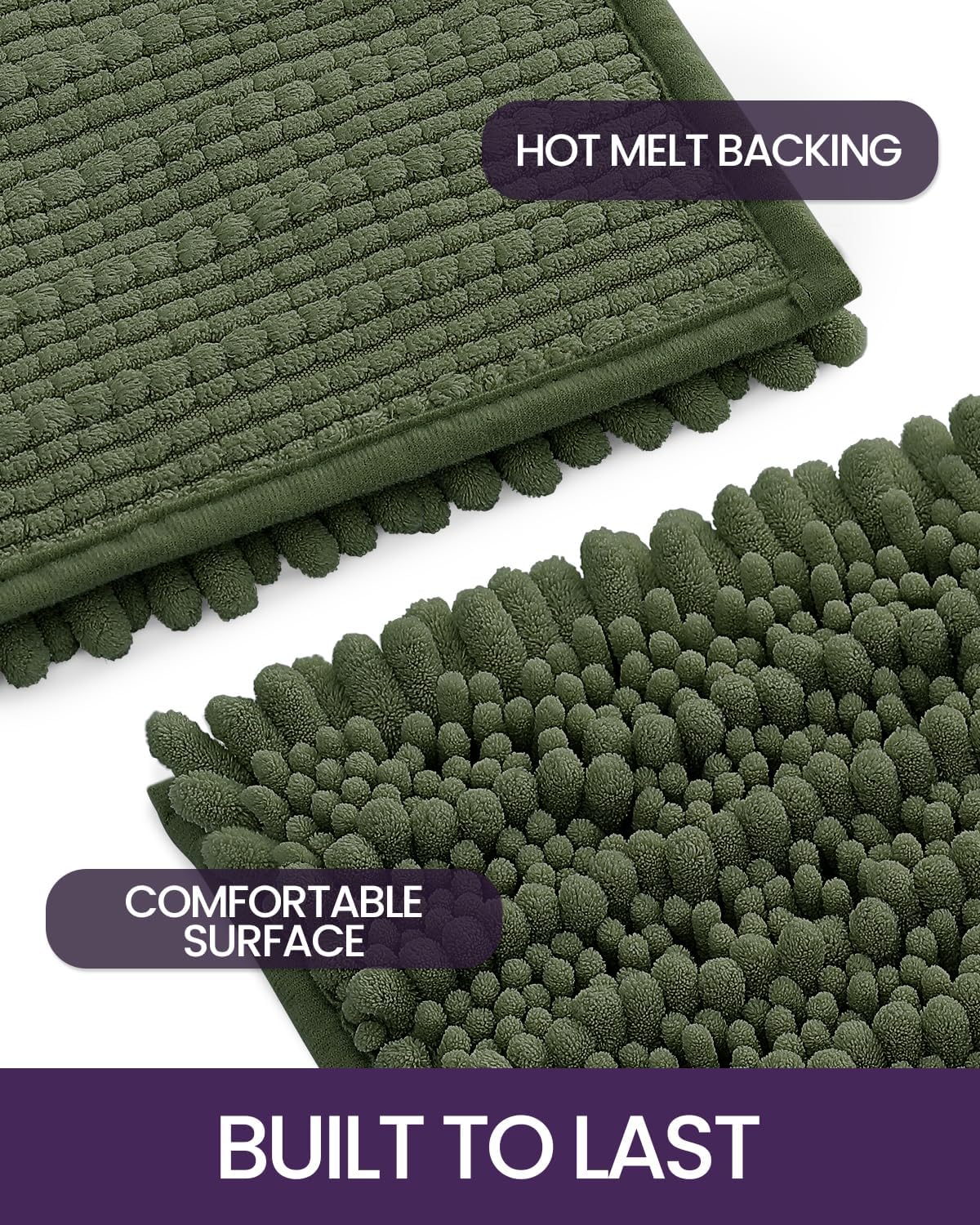 DEXI Olive Green Bath Mat 20x32 Non Slip Chenille Rugs