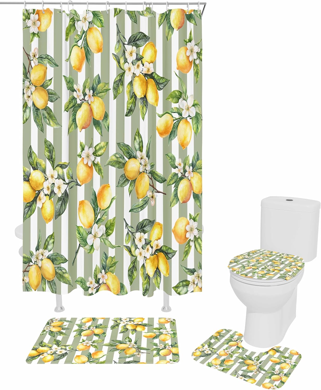 ZOE GARDEN Lemon Strope Bathroom Set with Curtain Rug and Accessories 1