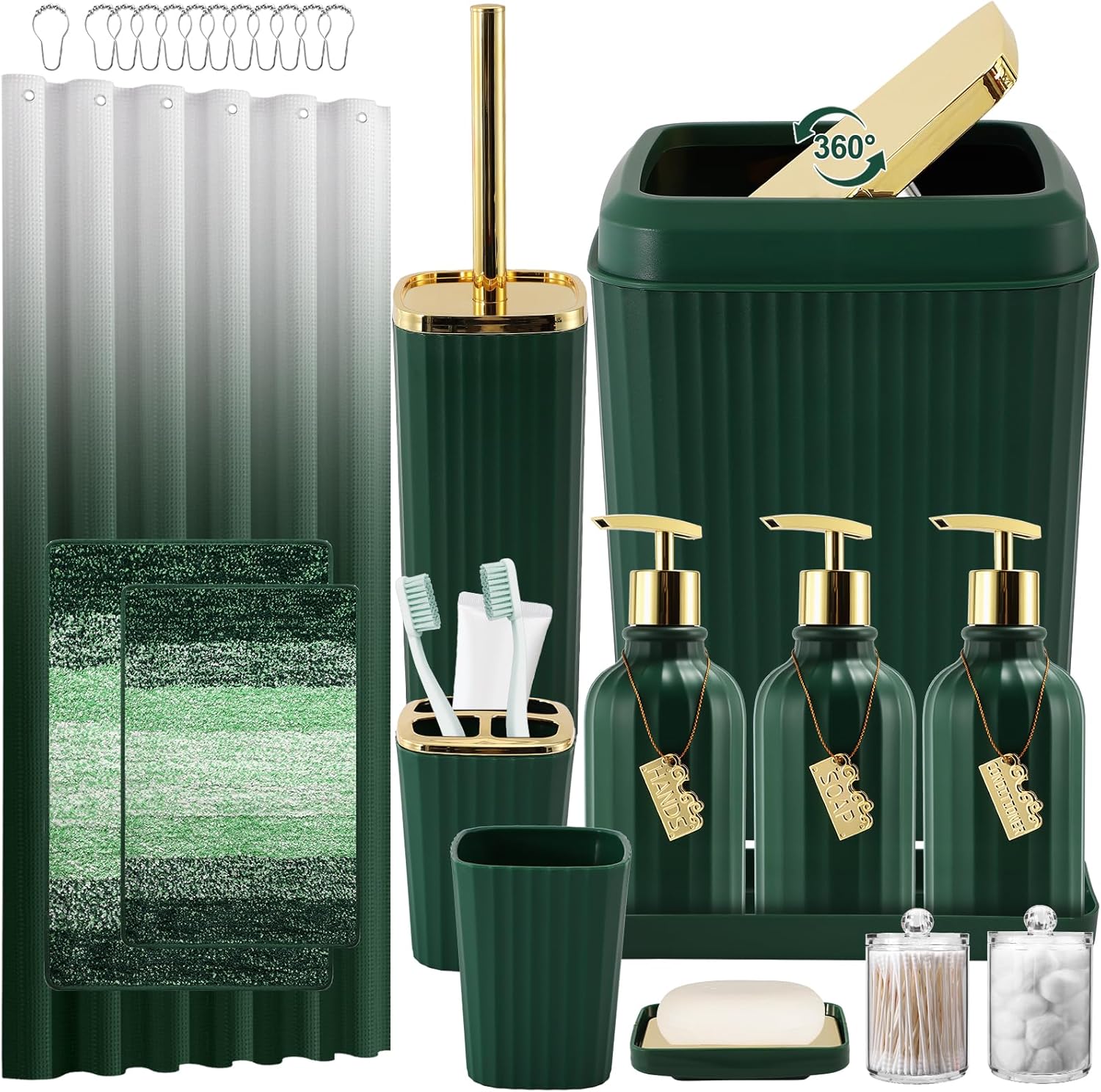 WSBArt 32PCS Bathroom Set with Hunter Green Shower Curtain and Rugs